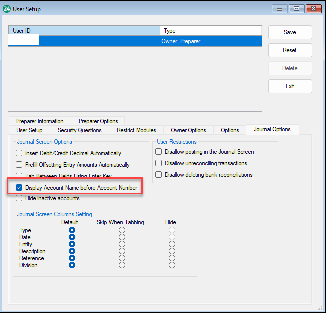 Display Account Name Before Account number box